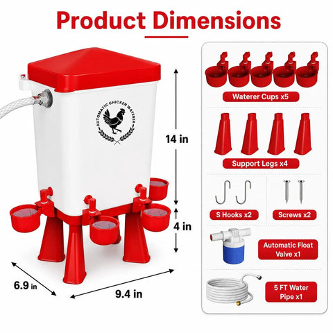 Product dimensions of Super Easy Setup 3 Gallon Automatic Chicken Waterer With 10 Spill Proof Cup Stations in red, showing components.