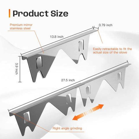 Adjustable Stainless Steel Stove Gap Covers Kit With Gap Filler And Range Trim, Silver 2 Pack, showing size and design details