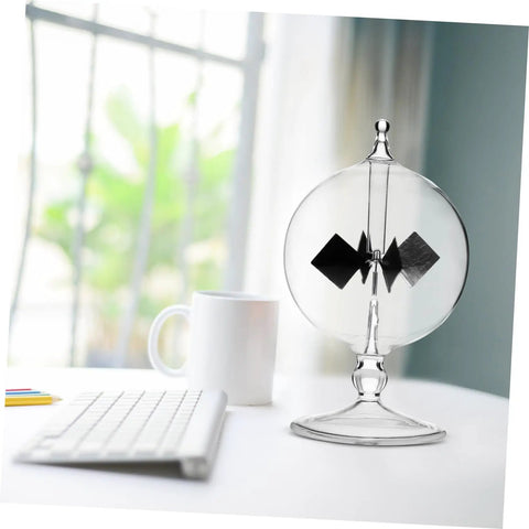 Solar Power Crookes Radiometer Glass Windmill Vane Sunlight Energy Meter Toy for Office on desk with keyboard and cup