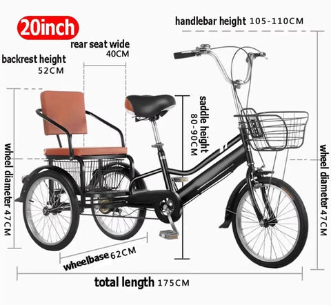 Dual Seat Pedal Tricycle For Kids And Adults, Tandem Cruiser With Rear Passenger Seat dimensions, Outdoor 20 Inch Trike, Black Edition