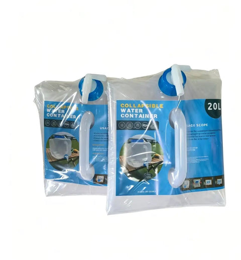 Two Pack 20L Collapsible Water Jugs With Wide Mouth Lids, convenient and space-saving foldable design for easy storage.