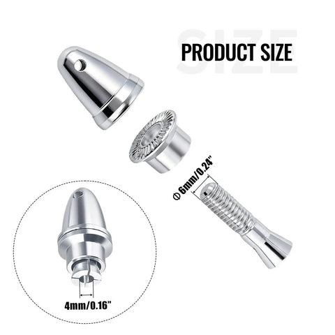 Diagram of Six Pack RC Propeller Adapters 4mm Shaft To 6mm Output Aluminum Spinner Prop Saver showing dimensions and components.