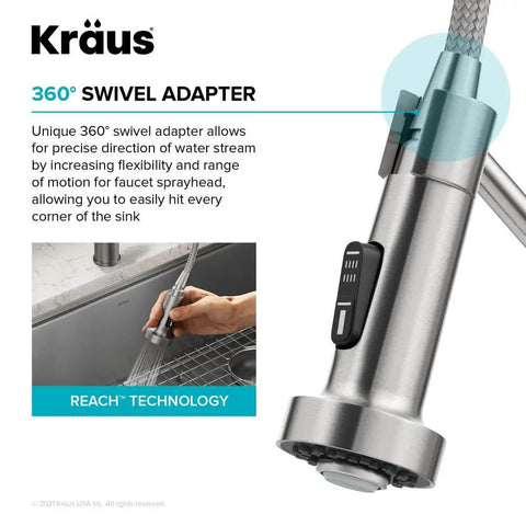 Heavy Duty Stainless Steel Pull Down Kitchen Faucet With Built In Water Filter, 360 swivel adapter for precise water stream direction.