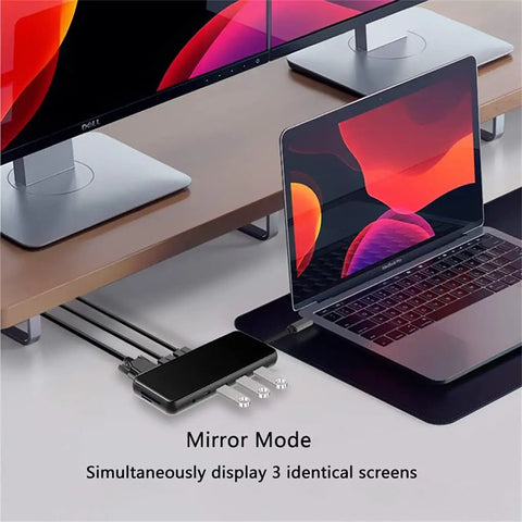 GoTo Usb C Laptop Docking Station Providing Zero Drama Setup With Gigabit Ethernet Vga Output And Sweet Superfast Data Ports Pd Charging Up To Eighty Seven Watts Badass Cold Aluminum Build For Daily Hustle connected to a laptop and monitors, displaying mirror mode.