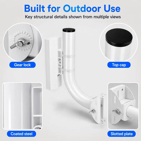 Rock Solid Universal Wireless Bridge Bracket Mount 2 Pack 150 Degree Adjustable Antenna J Pole Mount for outdoor use gear lock and slotted plate views.