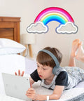 Child relaxing on bed under rainbow 3D Acrylic Neon LED Sign, USB Powered Wall Decor Night Light, Hanging Neon Art for Bedroom.