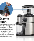 Electric Burr Coffee Grinder With Large 16 Ounce Hopper And 18 Precision Grind Settings For Espresso To French Press shown. Burr removed for cleaning with included brush.