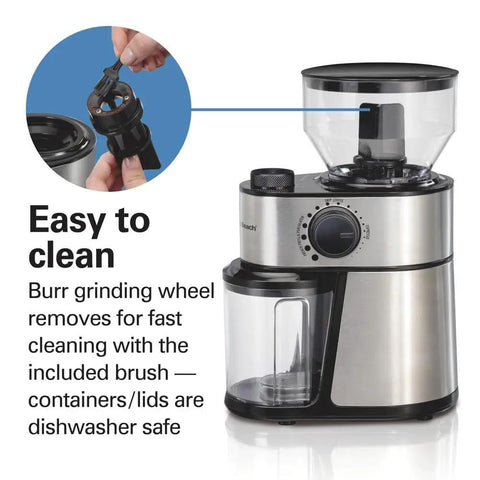 Electric Burr Coffee Grinder With Large 16 Ounce Hopper And 18 Precision Grind Settings For Espresso To French Press shown. Burr removed for cleaning with included brush.