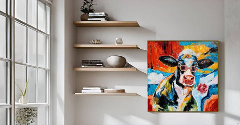 Cool Cow Portrait With Sunglasses Modern Hand Painted Textured Wall Art Framed Cow Head Floral Canvas Bold Black White Red Blue