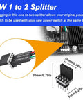 12mm Chassis Power Button Kit With LED Metal Button Cable For PC Case ATX On Off Switch Extension Cord Red DIY PC Build Easy Install Includes 1 To 2 Splitters showing 1 to 2 splitter details and dimensions.