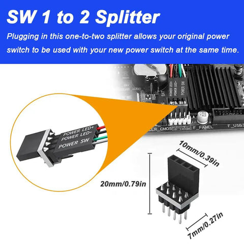12mm Chassis Power Button Kit With LED Metal Button Cable For PC Case ATX On Off Switch Extension Cord Red DIY PC Build Easy Install Includes 1 To 2 Splitters showing 1 to 2 splitter details and dimensions.