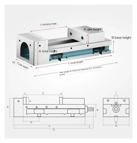 Heavy Duty CNC Vise And Angle Fixed Cross Milling Machine Fixture Featuring Knockout Jaw Opening Plus Lockdown Workbench Mount with dimensions