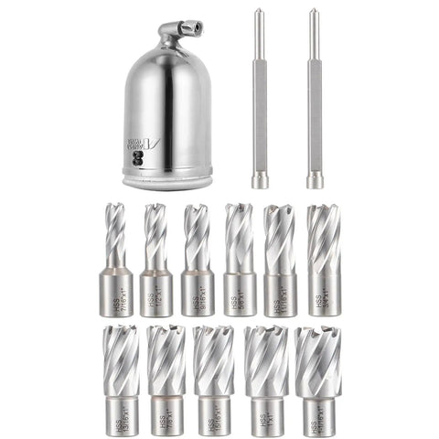 Complete 11 Piece HSS Annular Cutter Set with Silver Drill Bits for Professional Portable Mag Drill Heavy Hitter