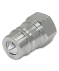 Hydraulic quick-connect coupler, 3/4-inch NPT, silver metal; close-up view.
