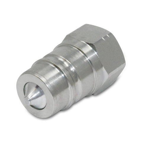 Hydraulic quick-connect coupler, 3/4-inch NPT, silver metal; close-up view.