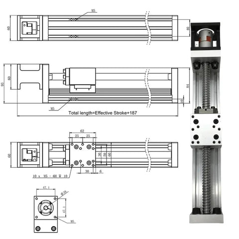 NEMA 23 Motor Sliding Table Kit Featuring Linear Actuator Rail Stage And Electric Handwheel For Knockout CNC Workbench detailed schematic dimensions