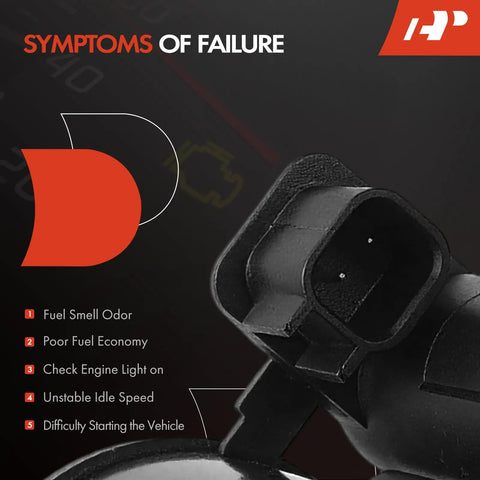 Close-up of Vapor Canister Vent Solenoid Valve For Chevrolet Silverado 1500 2011 2016 And GMC Sierra 1500, symptoms of failure listed.