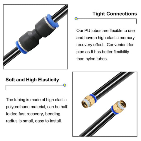 Hella Durable Quarter Inch Polyurethane Air Tubing With Kickin Flexibility Engineered For No Sweat Compressor Hookups And Seamless Fluid Transport In A Tough Black 9.84 Foot Run showing tight connections and soft elasticity details.