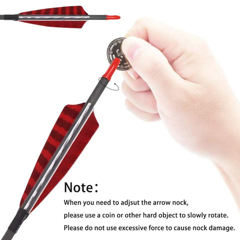 Adjusting arrow nock with coin, Pure Carbon Arrows 600 Spine 30 Inch Shaft With 31.5 Inch Overall Length Beefed Up Turkey Feather