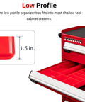 10 Compartment Organizer Tray In Black For Drawer Storage, Ultra Slim 1.5 Inch Tall, Tray fitting into red tool chest drawer