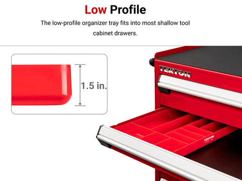 10 Compartment Organizer Tray In Black For Drawer Storage, Ultra Slim 1.5 Inch Tall, Tray fitting into red tool chest drawer