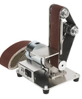 Mini Electric Belt Grinder And Polisher Tool With 775 Motor For Metal Wood Sanding Polishing Compact Desktop Benchtop Station showing the sanding belt and motor.