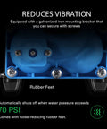 Bottom view of Water Pressure Pump With 70 PSI Diaphragm, showing rubber feet and mounting bracket for vibration reduction.