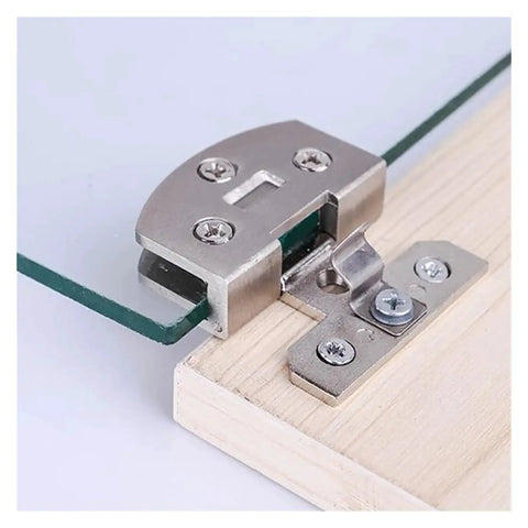 Close-up of Shower Door Hinge Set For 5-9mm Glass That Holds Up Like A Boss Stainless Steel Pivot Hinges with glass and wood