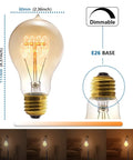 Edison Style Amber Filament Light Bulbs 40W A19 E26 Dimmable Antique Vintage Look Cozy Warm Glow 2700K 4 Pack with measurements