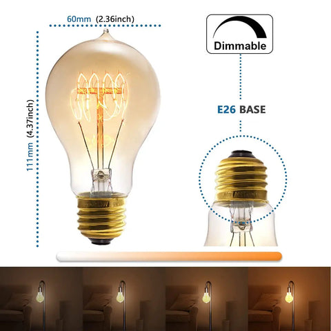 Edison Style Amber Filament Light Bulbs 40W A19 E26 Dimmable Antique Vintage Look Cozy Warm Glow 2700K 4 Pack with measurements