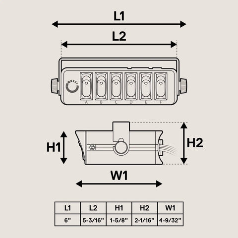 Diagram showing dimensions of 6 Gang 12V Rocker Switch Box With 40 Amp Max Heavy Duty 12 AWG Wiring SPST On Off Panel.