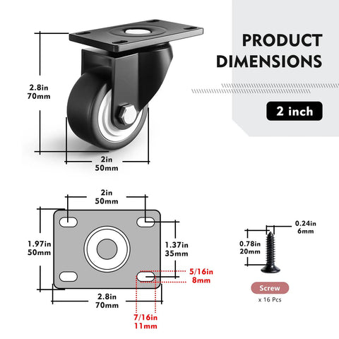 Heavy Duty 2 Inch Caster Wheels Set Of Four 600 Lb Industrial Swivel Casters Black Polyurethane Rollers dimensions and specs.