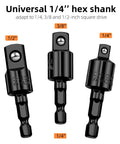 Flexible Drill Bit Extension Kit with bendable magnetic extender, 1/4, 3/8, 1/2 inch hex socket adapters shown in black.