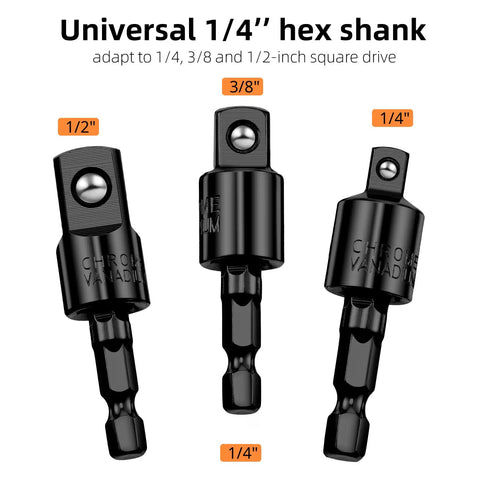 Flexible Drill Bit Extension Kit with bendable magnetic extender, 1/4, 3/8, 1/2 inch hex socket adapters shown in black.