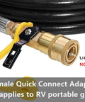 Close-up of 1/4" female quick connect fitting on six foot propane hose for RV portable grills and heaters
