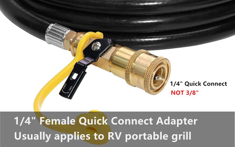 Close-up of 1/4" female quick connect fitting on six foot propane hose for RV portable grills and heaters