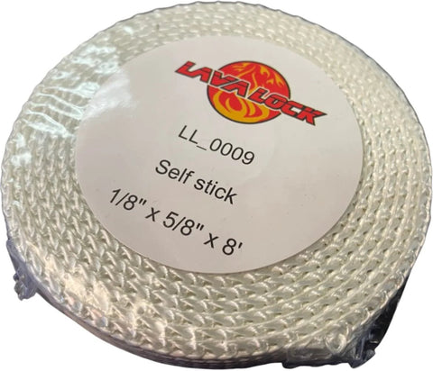 Coiled LavaLock self-adhesive wood stove window gasket tape, white braided rope, 1/8 in x 5/8 in x 8 ft