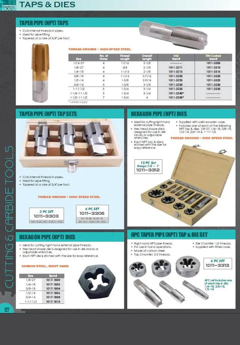 20 Piece Hexagon Rethreading Die Set With Right Hand Threads In Metal Case shown in a product catalog with other tap and die tools.