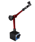Test indicator holder, red aluminum, adjustable, with magnetic base on a 14-inch tool stand, side view