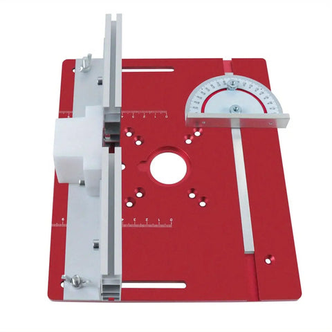Heavy Duty Aluminum Router Table Insert Plate With Miter Gauge For Woodworking Trimming And DIY Milling on red surface.