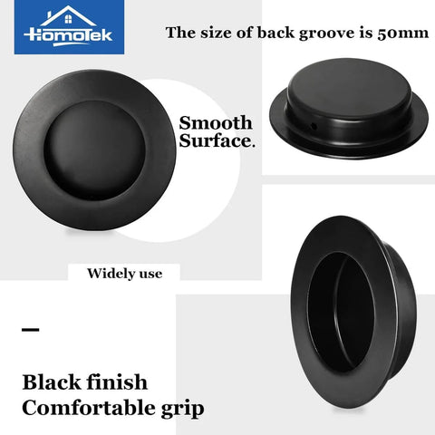 Four Pack Round Sliding Closet Door Handles, 2-1/2 Inch Diameter Black Flush Pocket Pulls For Recessed Bypass Doors, showing components