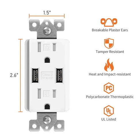 Dual USB Wall Outlet 24W 4.8A Fast Charge USB A Ports With 15 Amp Receptacle And Included Wall Plate UL Listed 120V White 10 Pack Power Hub For Phones Tablets And More