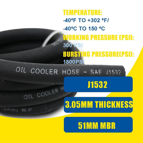 Oil cooler hose, black rubber, SAE J1532 marking, 3.05 mm thick, coiled