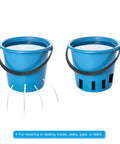 Two blue plastic buckets showing before and after using Self-Fusing Silicone Waterproof Seal Tape For Leaks In Pipes, Hoses, Tents, And Boats. Quick Fix Black 4 In By 5 Ft Patch And Repair Tape For DIY Seals, illustrating leak repair effectiveness.