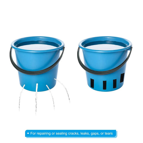 Two blue plastic buckets showing before and after using Self-Fusing Silicone Waterproof Seal Tape For Leaks In Pipes, Hoses, Tents, And Boats. Quick Fix Black 4 In By 5 Ft Patch And Repair Tape For DIY Seals, illustrating leak repair effectiveness.