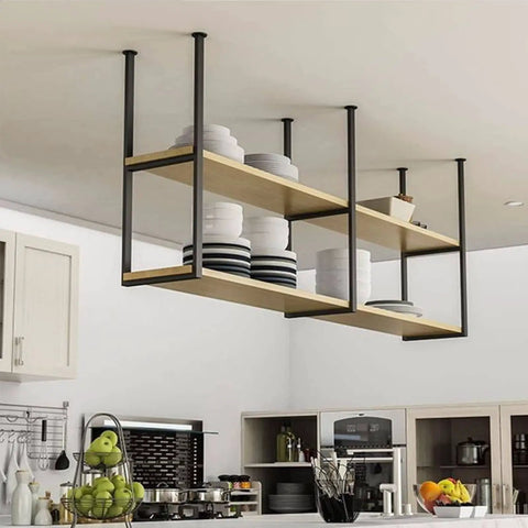 Industrial Iron Ceiling Mounted Bar Rack With Two Tier Wine Shelf And Overhead Space Saving Storage for Kitchen