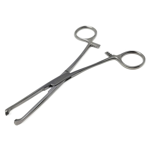 Two stainless steel Allis tissue clamp forceps, 6 inches long with 4x5 teeth