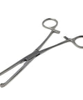 Side view of stainless steel Allis tissue clamp forceps, 6-inch, 4x5 teeth.
