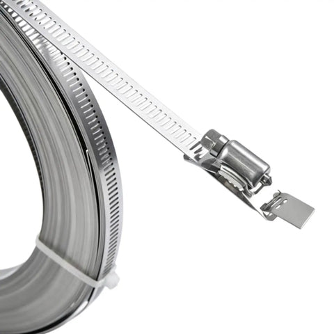 Get This 6.56 Ft Adjustable Stainless Steel Hose Clamp Strap With Screw Fasteners For Durable Repairs And A Custom Fit To Banish Leaks At The Shop. coil with buckle close-up