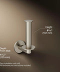Vertical Toilet Paper Holder In Brushed Nickel Finish For Easy Refill And Modern Bathroom Coordination Part Of Components Collection With Durable Steel Mount And Slim Wall Post, dimensions labeled.